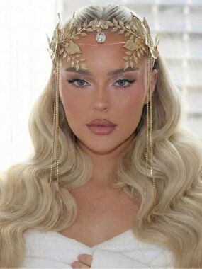 Bohemian Style Gold Long Tassel Bride Forehead Band Alloy Leaf Wedding Hair Acce